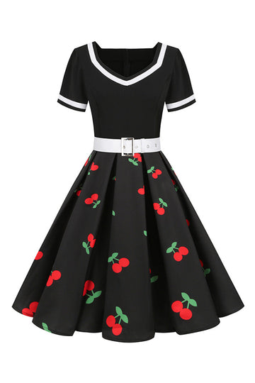 Vestido Vintage Estampado Negro Cuello en V Mangas Cortas